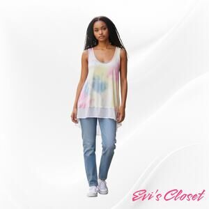 Bli’s Pastel Tie Dye Tank Top Pink Yellow Blue Sheer Chiffon High Low Hem Sz